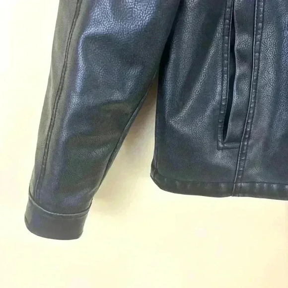 Guess Men Black Faux Leather Double Zip Hooded Coat Moto Bomber Jacket Size S - Picture 4 of 16